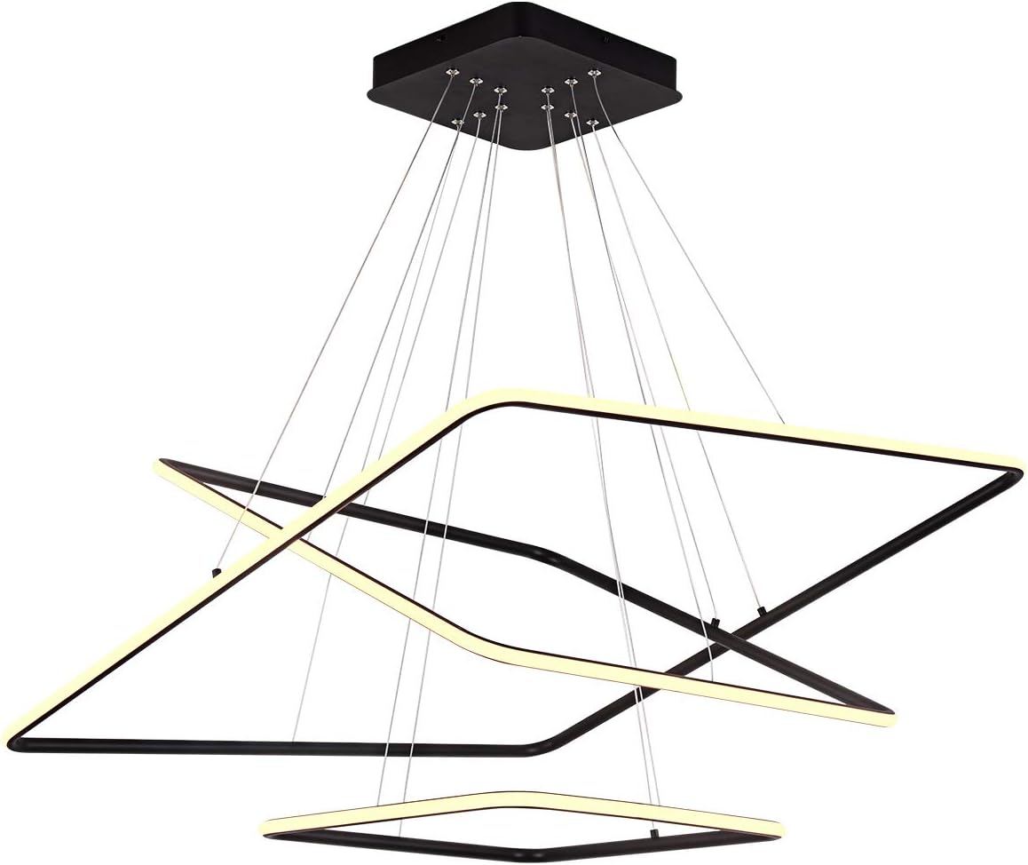 Royal Pearl Modern Square Led Chandelier Adjustable Hanging Light Three Ring Contemporary Ceiling Pendant Light H47" X L32" x W32" Not Dimmable