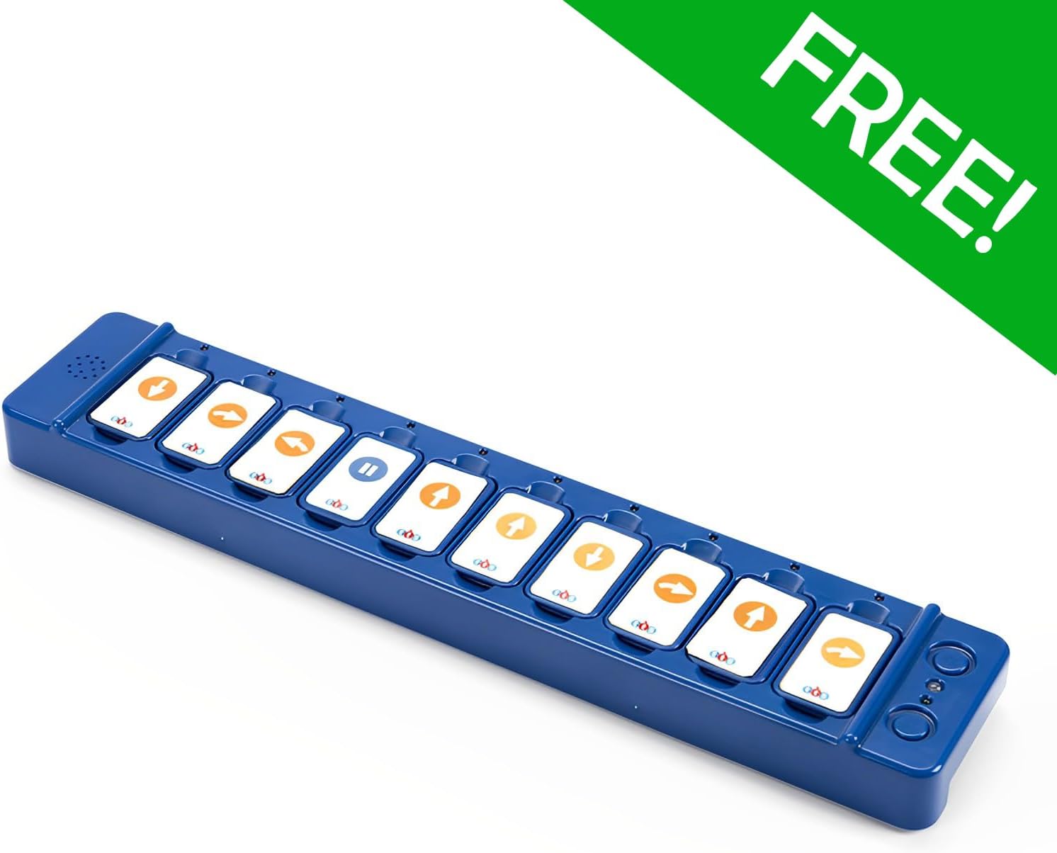 The blue TacTile Code Reader with several white programming tiles inserted into its slots.