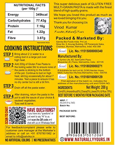 Image of Naturally Yours Gluten Free Multigrain Pasta | Corn, Amaranth, Bengal Gram, Jowar & Rice | No Maida, Preservative Free, Vegan, No Onion No Garlic, Jain Friendly | High Fiber & Protein | 200g Pack of 3