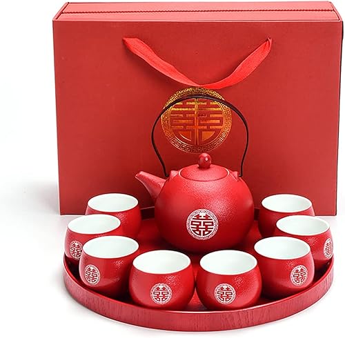 Juego de té de regalo de boda tradicional chino, tetera de Kung Fu con 8 tazas de té y bandeja redonda, decoración roja