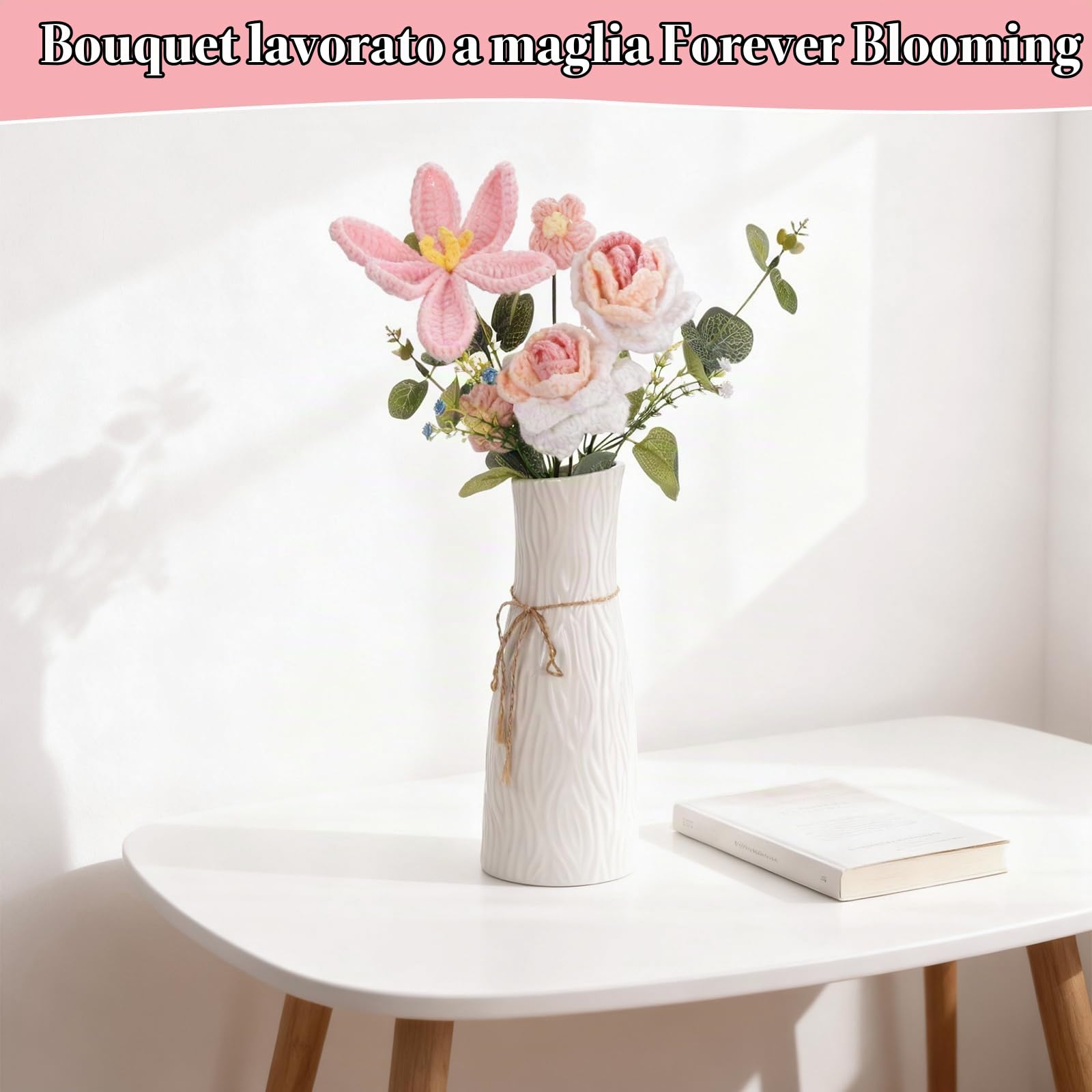 Bouquet Fiori Uncinetto, Fiori Artificiali Adatti come Idee Regalo per Festa della Mamma, Natale, Anniversario, Matrimoni, Compleanni e Decorazioni Domestiche, Completo di Sacchetti Regalo (Tulipano)