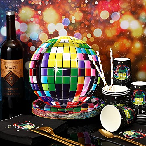 350 Pcs 70S Disco Party Supplies Includes 50 Pcs Disco Ball Dinner Plates 50 Pcs Disco Paper Cups 50 Pcs Disco Napkins 50 Set Of Knives, Forks, Spoons And Straws For Disco Wedding Party Picnic Travel #TOP5