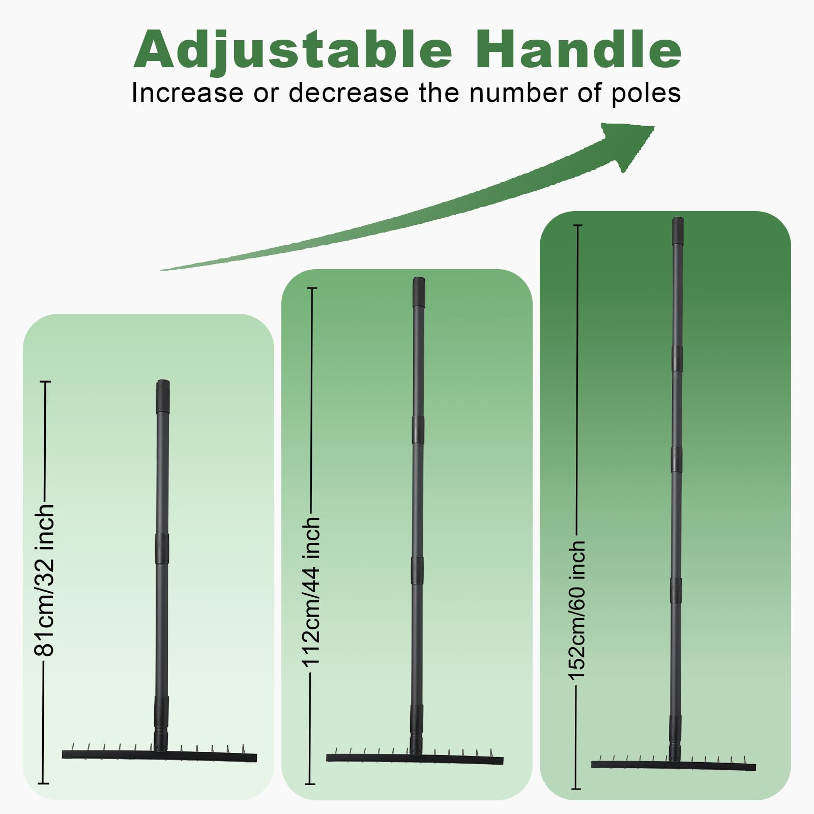 Rastrillo de arco resistente de 60 pulgadas con mango ajustable, rastrillos de jardín de metal resistente para jardinería, rastrillo de metal para recoger hojas, aflojar la tierra, nivelar el césped,
