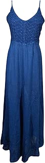 Mogul Interior Women's Summer Long Dress Spaghetti Strap Blue Embroidered Enzyme Wash Flared Maxi Dresses M