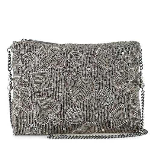 Mary Frances Well Suited Beaded Clutch Handbag with Playful Card Pattern and Chic Removable Chain Strap, Pewter2