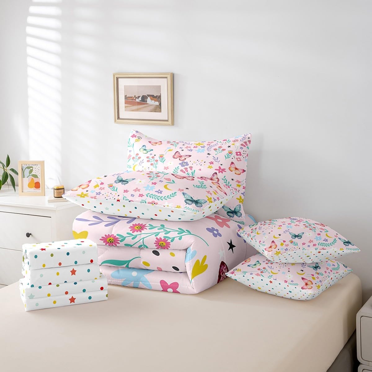 Erosebridal Floral Butterfly Bed in a Bag Twin Comforter Rainbow Flying Animal Comforter Set with Sheets Spring Botanical Cartoon Flower Bed Sets Dreamy Fantasy Girly Preppy Cute 7 Piece Bedding Set