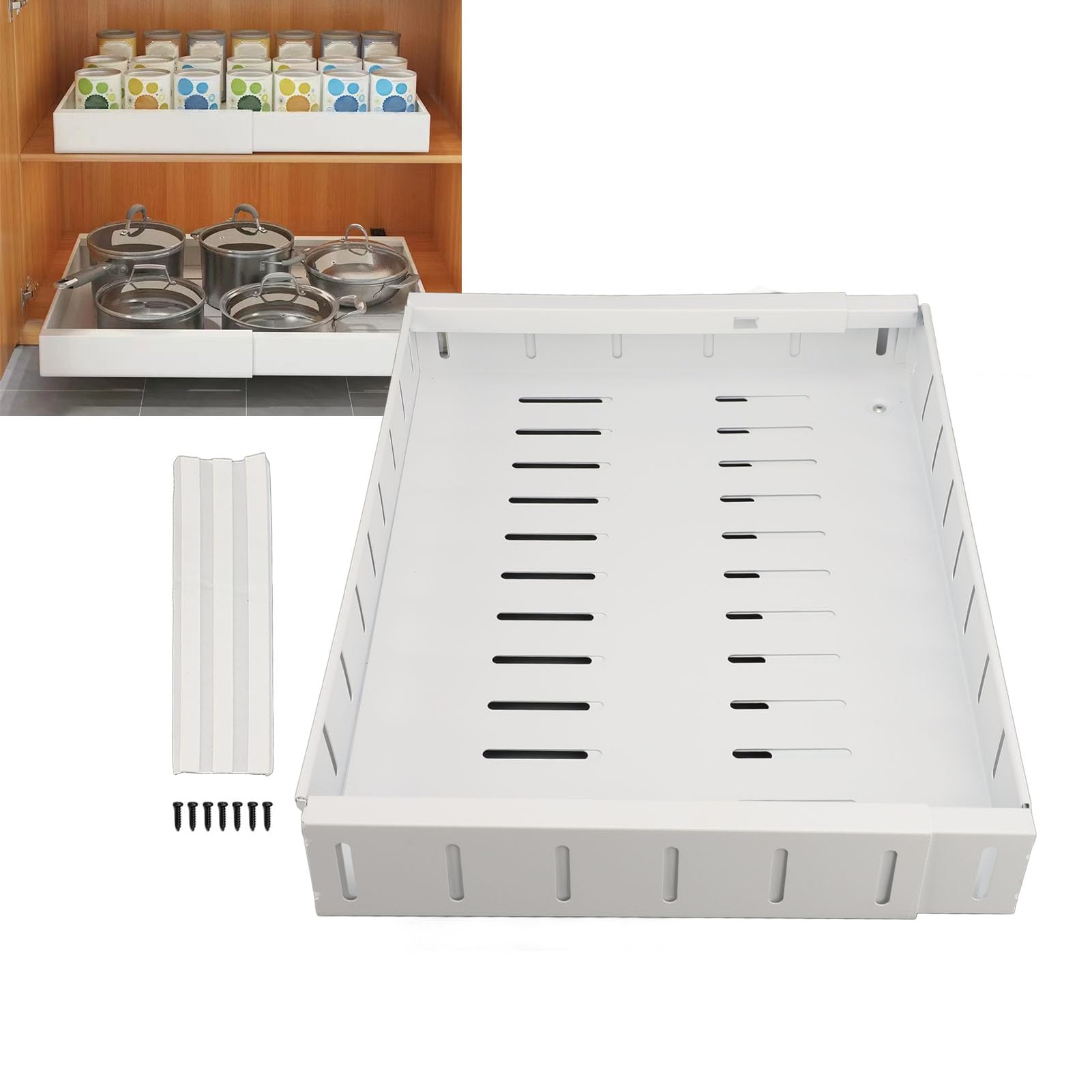 Cassetto estraibile regolabile per cucina e dispensa, 40 x 30 x 5,6 cm, soluzione di archiviazione scorrevole bianca per armadio nization