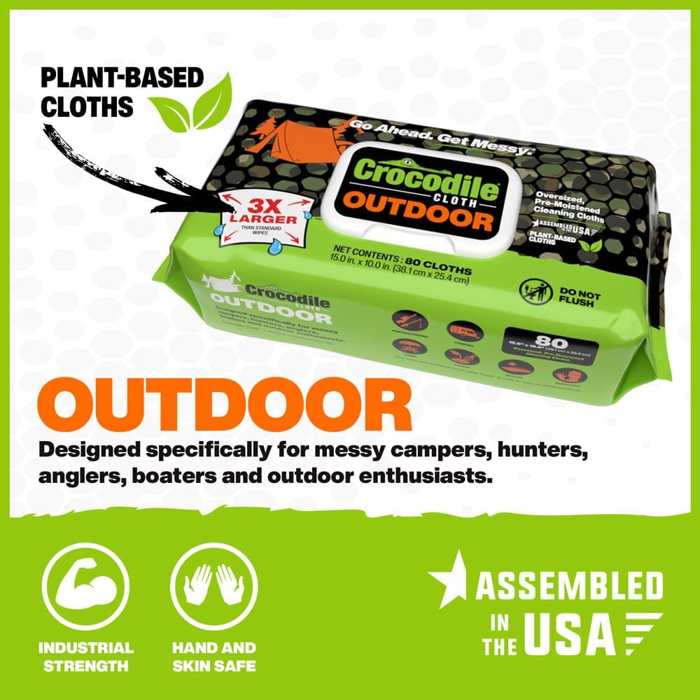 Crocodile Cloth Outdoor Cleaning Wipes, Plant-Based Multi-Surface Wipes, Pre-Moistened, Aloe & Vitamin E, Safe on Skin, 80 Count, 15 x 10 Inch