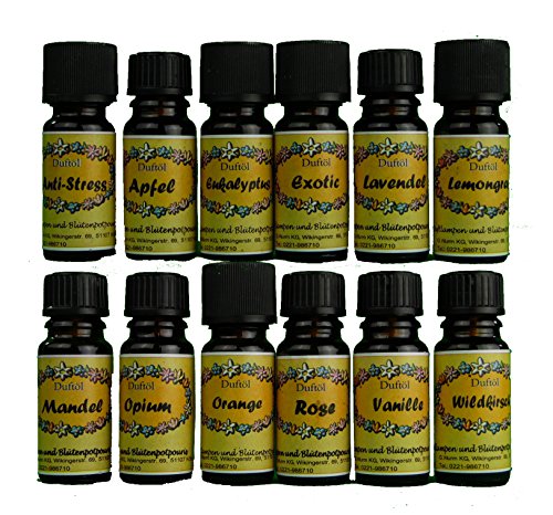 osters muschel-sammler-shop 12 Set DUFTOEL Duftoel Raumduft mit verschiedenen Duftsorten Anti-Stress/Apfel/Eukalyptus/Exotic/Lavendel/Lemongras/Mandel/Opium/Orange/Rose/Vanille/Wildkirsche