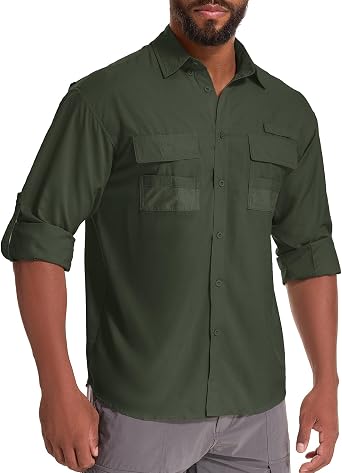 Mens Fishing Shirts Long Sleeve Sun Protection Safari Shirts UPF 50 UV Quick Dry Cooling Travel Work Shirts