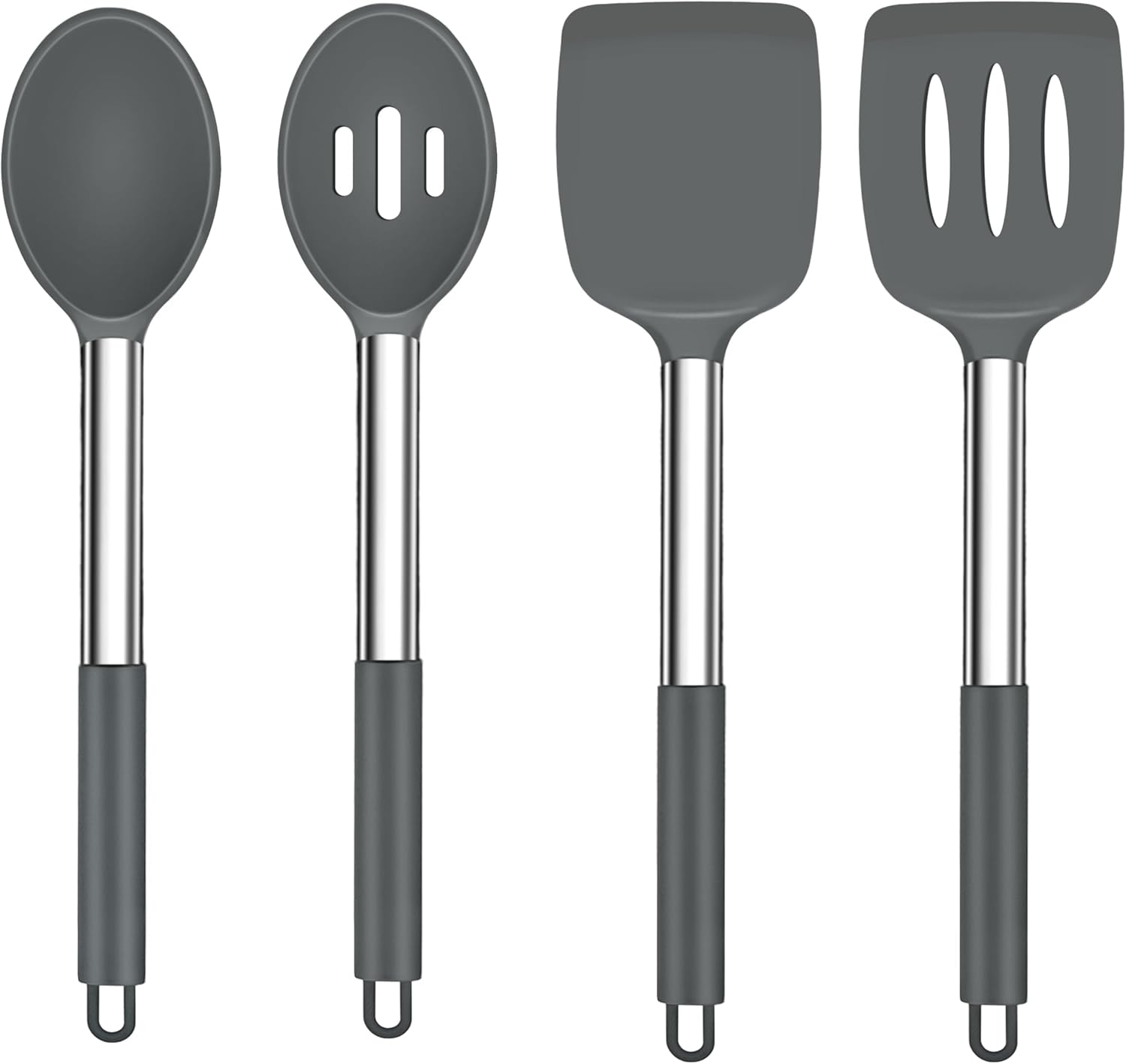TeamFar Kitchen Utensils, 4PCS Heat-proof Silicone Cooking Utensils Set Slotted Spatula Solid Turner Spoon with Stainless Steel Handle, for Non-stick Cookware Flipping, Frying, Draining – Gray TeamFar Kitchen Utensils, 4PCS Heat-proof Silicone Cooking Utensils Set Slotted Spatula Solid Turner Spoon with Stainless Steel Handle, for Non-stick Cookware Flipping, Frying, Draining – Gray
