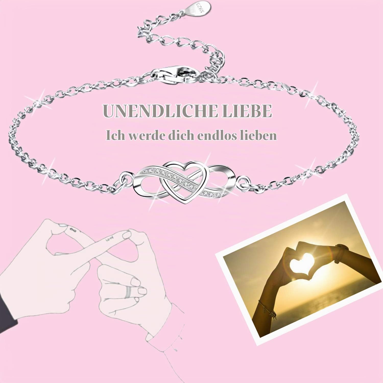 Damen Fußkettchen,Infinity Unendlichkeit Liebe Herz,925 Sterling Silber,Zirkonia ähnlich Diamant Armkette Verstellbar Fußkettchen,Geschenke für frauen