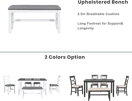 Miniatura 5 de P PURLOVE Juego de mesa de comedor de 6 piezas, juego de mesa de comedor de madera con banco tapizado y 4 sillas de comedor, juego de mesa de cocina