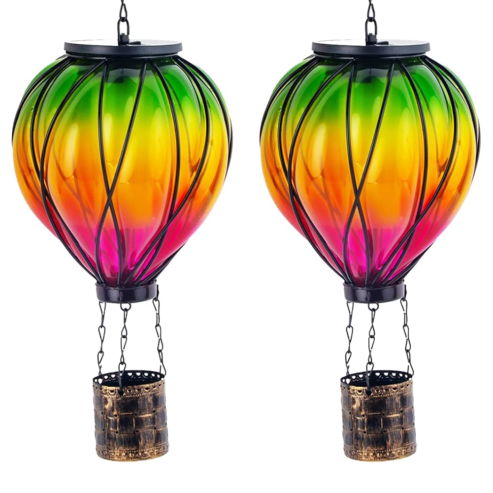 YELENEW 2PCS Colorful Solar Hot Air Balloon Lanterns with Flickering Flame LED Glass Hot Air Balloon Solar Lanterns Outdoor Waterproof Hanging Lights