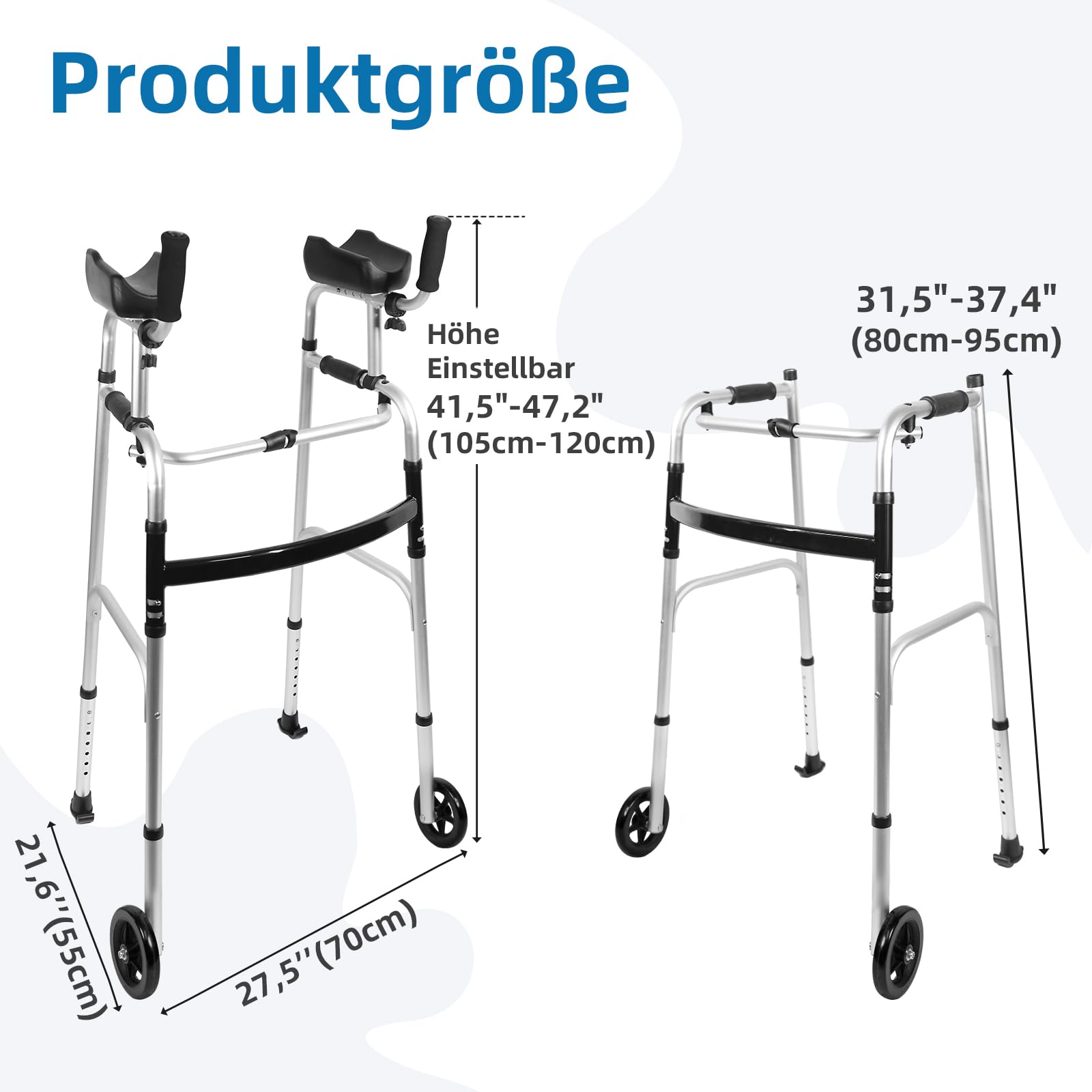 Marco plegable para caminar con ruedas y almohadilla extraíble para el brazo. Ayuda a caminar de aluminio ajustable para los ancianos (rueda con rodamientos)