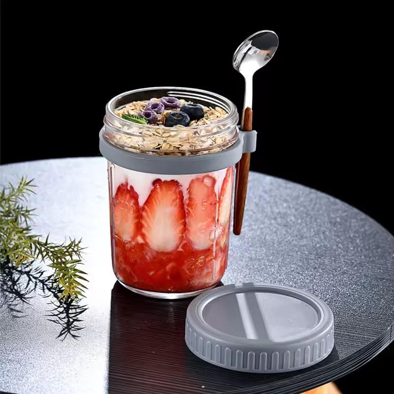 Image of Mason Jar with Lid and Spoon | Coco | Mason Jar with Plastic Lid Mugs for Juice | Beverages | Moctail | Shakes | Drinks | Overnight Oats Mug (Rendom Color 350 ML, Set of 1)