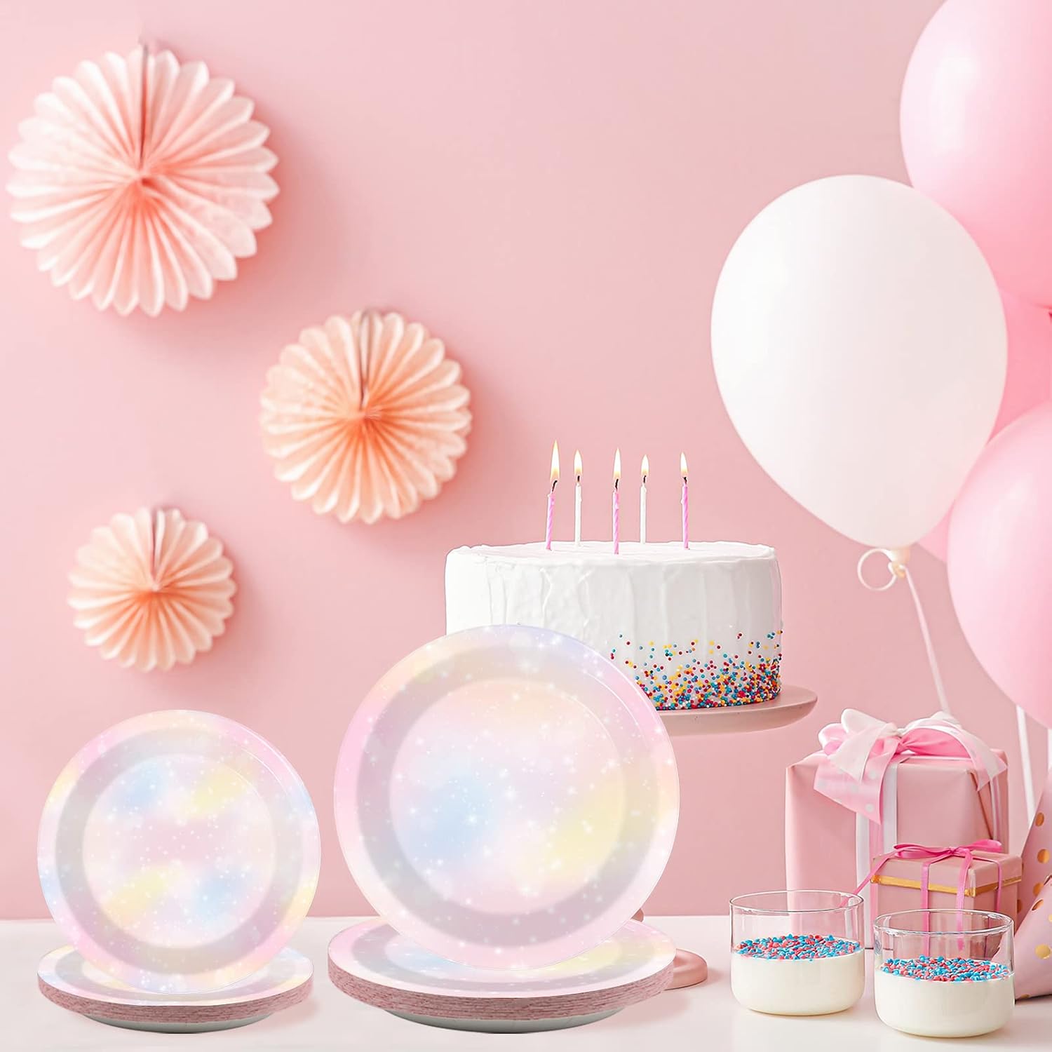 Tevxj 96PCS Pastel Rainbow Tableware Set Rainbow Birthday Dinnerware Disposable Plates Rainbow Cloud Party Plates Napkins Forks for Birthday Baby Shower Weddings Party Decorations Supplies 24 guests - Image 5
