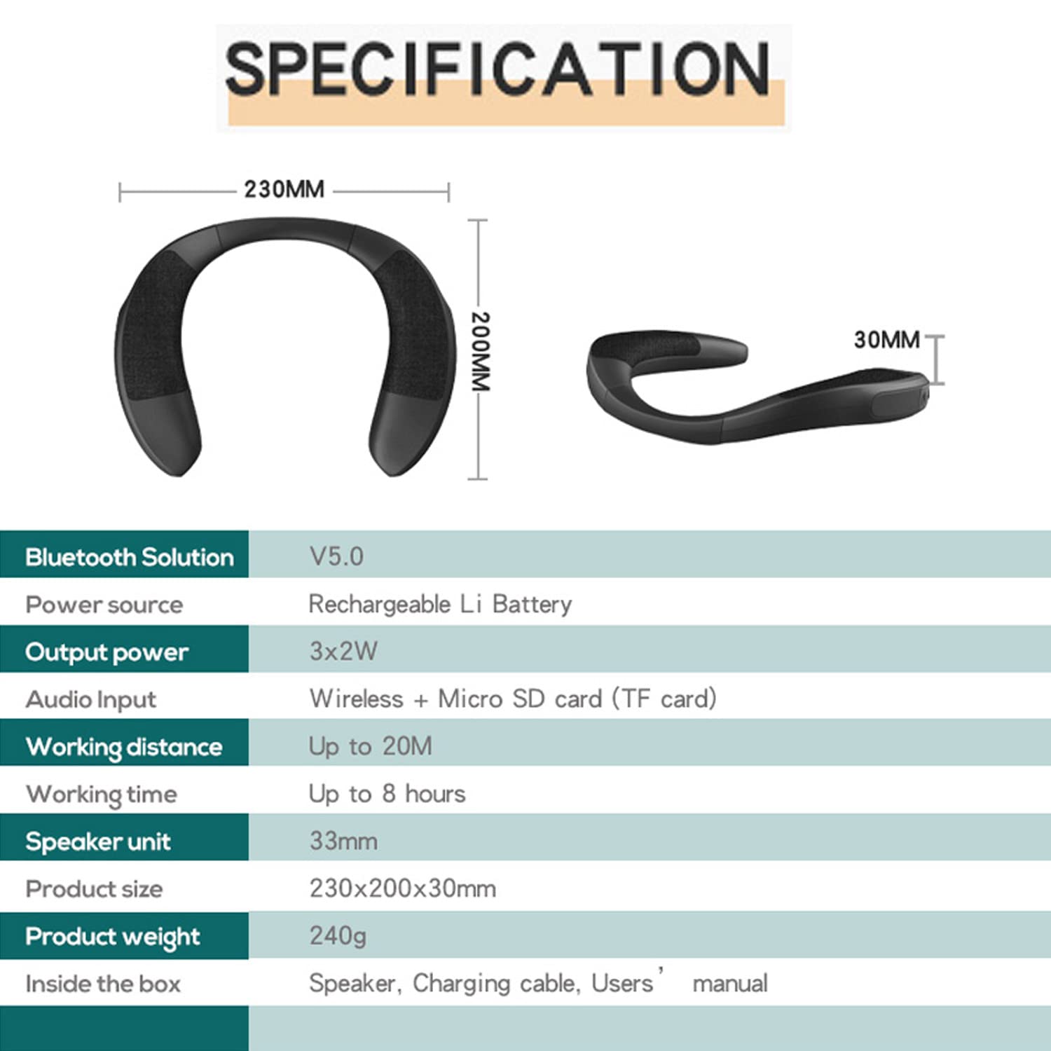 Cuffie Bluetooth A Collier QiCheng & LYS - Altoparlante Wireless Da Collo, 600mAh, 10 Ore Di Autonomia