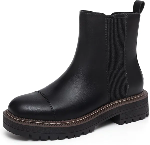 Athlefit Black Chelsea Ankle Boots for Women Platform Chunky Low Heel Boots Slip On Fashion Elastic Lug Sole Booties Size 7