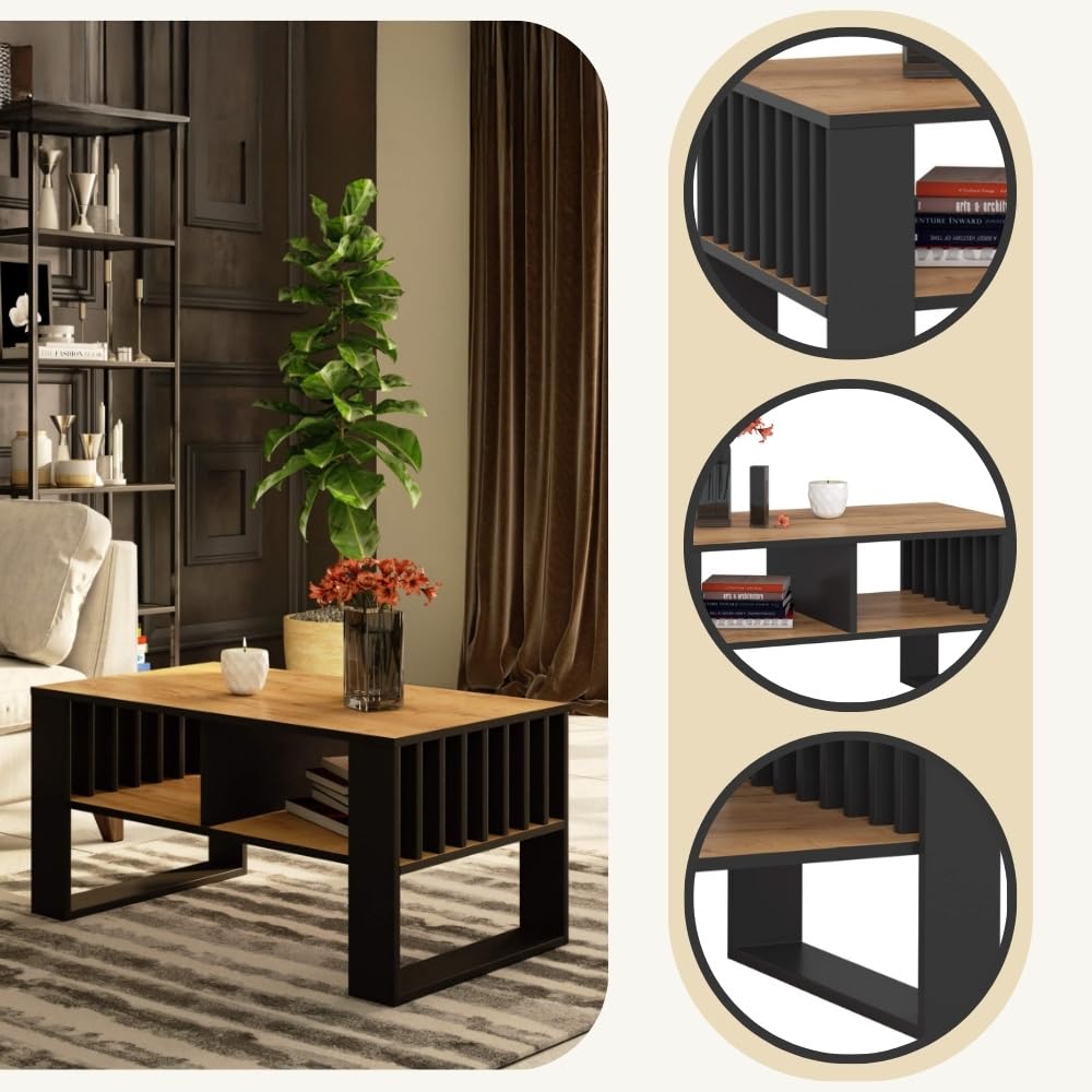 AKORD | Tavolino da Salotto in Legno - ROCKFORD | Tavolo da Caffè con gambe un Ripiano | Coffee Table | Tavolini Basso Moderno | Arredamento Casa | 92 x 45 x 53 cm | Rovere Artigianale & Nero