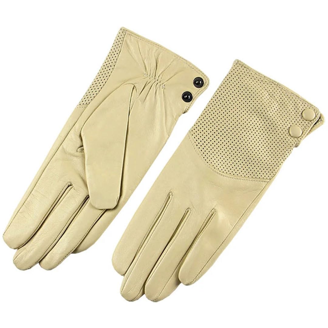 Guantes de cuero para mujer, color sólido, delgados, transpirables, para conducir, color negro, talla M, beige, M