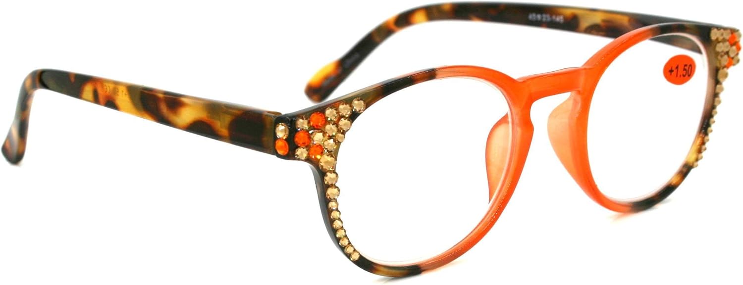 Zora, Round, Bling Reading Glasses For Women, Adorned w Genuine European Crystals. Tortoiseshell and : Snow Leopard, Black Diamond NY Fifth Avenue.