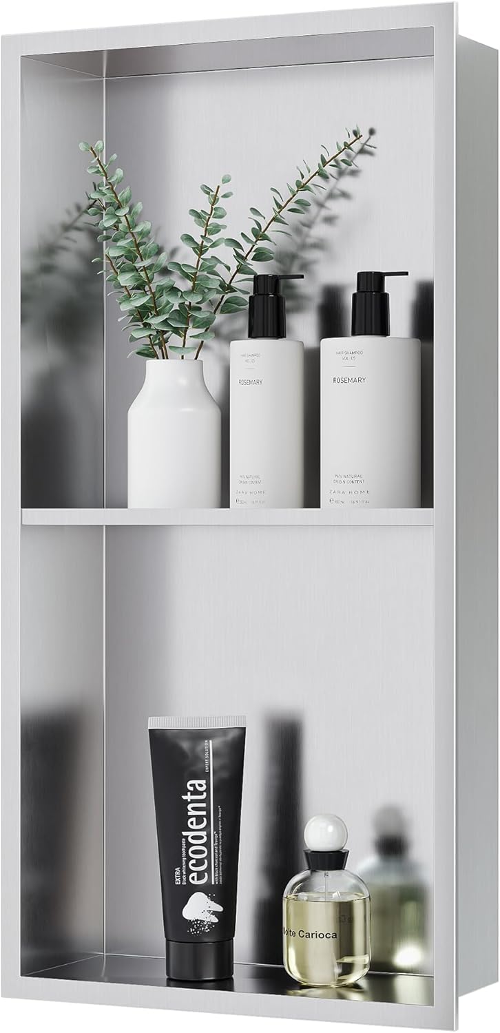 Stainless Steel Shower Niche 24" X 12", No Tile Needed Wall Niche Double Shelves, Recessed Niche Shower for Bathroom Storage, Brushed Nickel Brushed Nickel 12X24"