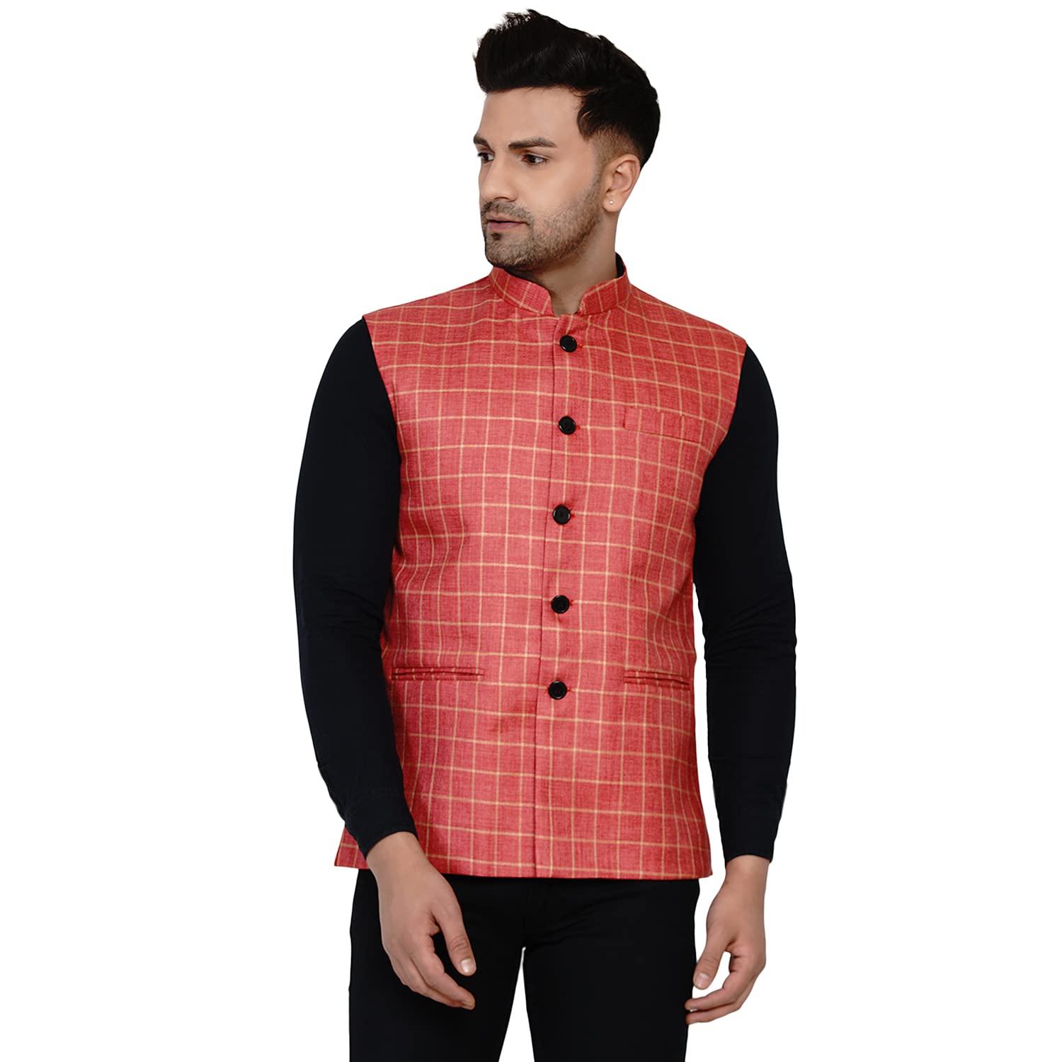 veera paridhaan Men's Checkered Jute Print Nehru Jacket (Black)-picture-13