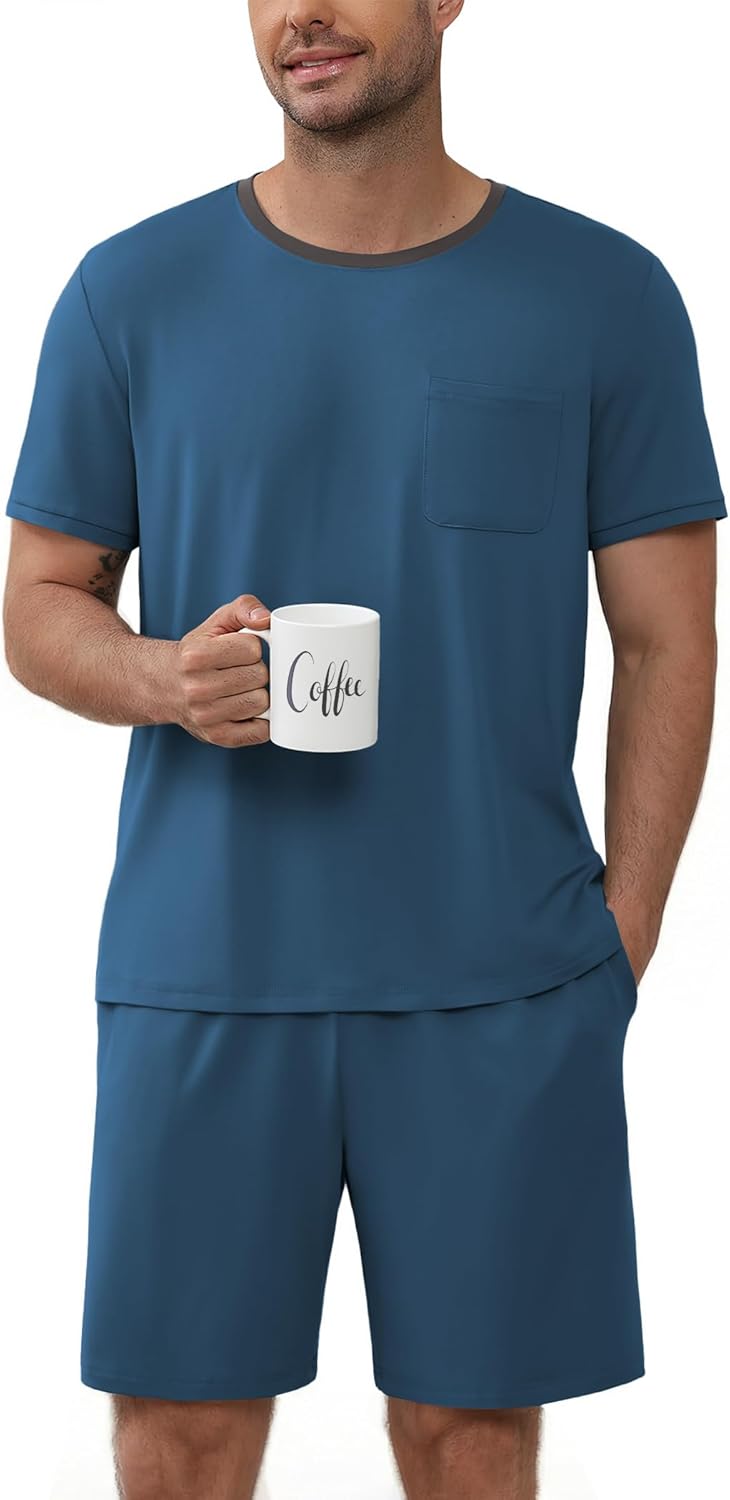 Ekouaer Mens Pajamas Sets Shorts Soft Short Sleeve Pjs Moisture Wicking Summer Sleepwear Casual Lounge Sets with Pockets