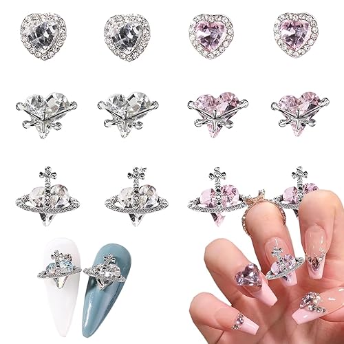 Miniatura 2 de 12 dijes de uñas para el día de San Valentín para uñas, diamantes de imitación y gemas de aleación 3D, dijes de arte de uñas rosa y plata con diseño