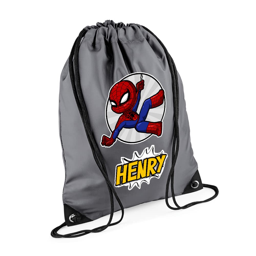 Superhero Bag, Personalised Backpack, Gift For Kids, Boy, Cartton Character Bag, Birthday, Christmas Drawstring Bag, PE Gym Kit Swimming, Sport Rucksack. (Graphite Grey)