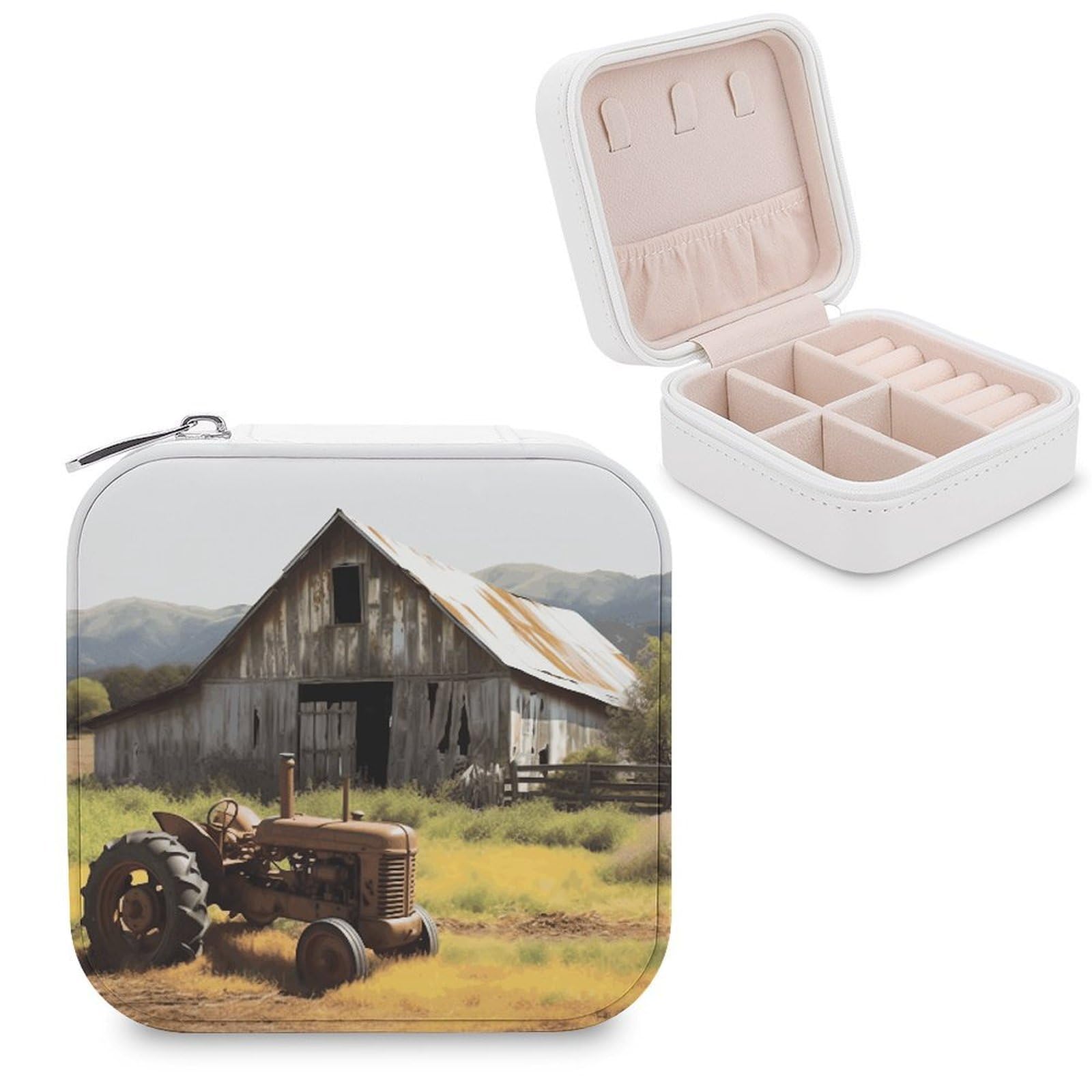 VstaDank Old Wooden Barn with Rusted Tractor Jewelry Box Exquisite Leather Jewelry Organizer Portable Trinket Organizer Fashion Travel Jewelry Case for Rings Earrings Necklaces Unique Gifts for Women