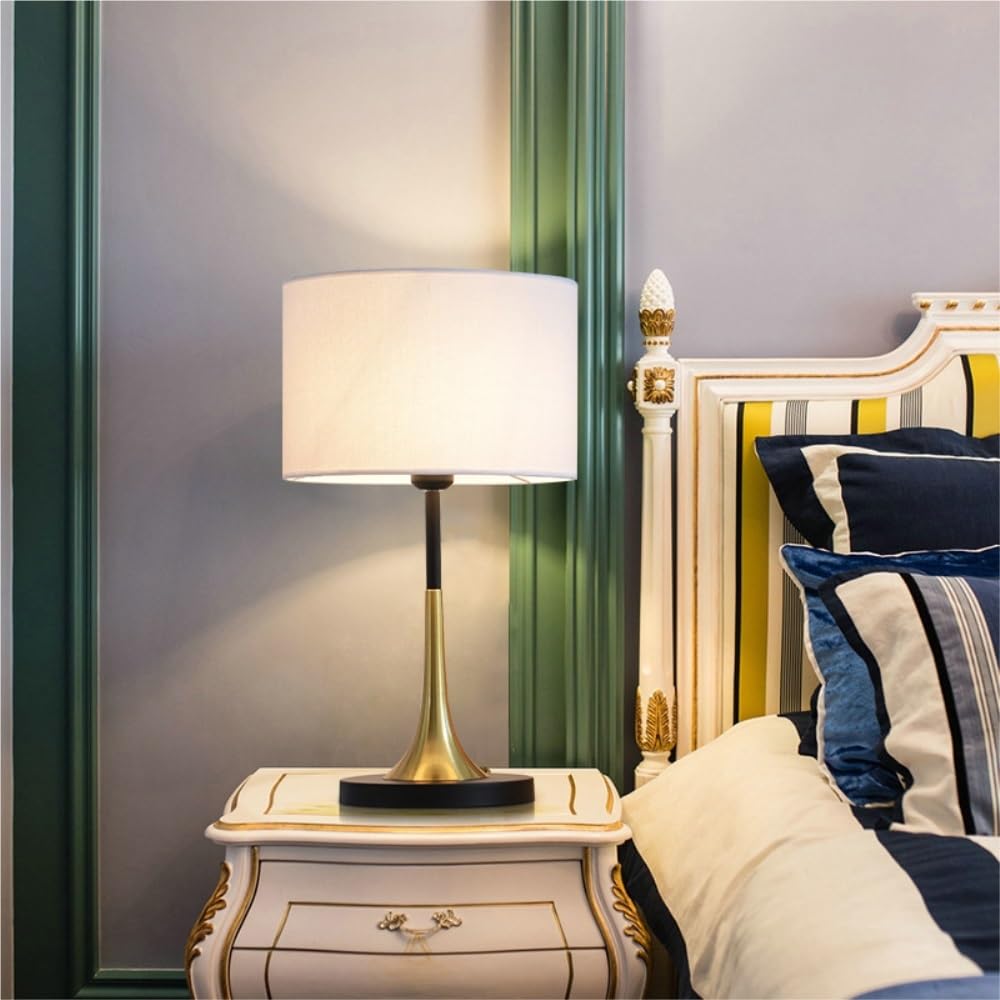 Lampada da tavolo europea, lampada da comodino dimmerabile for | Stile europeo, paralume in tessuto, dimmerabile, controllo tramite pulsanti, arredamento della(White)