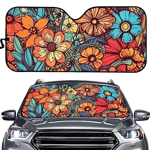 DISNIMO Abstract Groovy Flower Car Front Window Sun Shield Sun Visor Sunshield Glitter Sunshade for Windshield Folding SUV Truck RV Van Car Interior Accessories for Women Girls