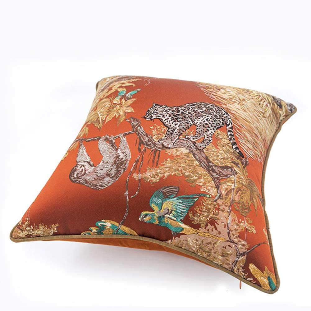vctops Classic Animal Embroidered Throw Pillow Cover Forest Leopard Monkey Birds Butterfly Pattern Decorative Pillowcase Cushion Cover Orange 18x18 Inch
