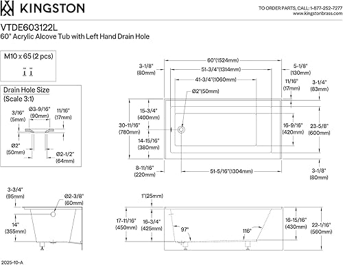 Vista 9 de KINGSTON BRASS VTDE603122R - Bañera acrílica contemporánea de 60 pulgadas con drenaje a la derecha y agujeros de desbordamiento, color blanco