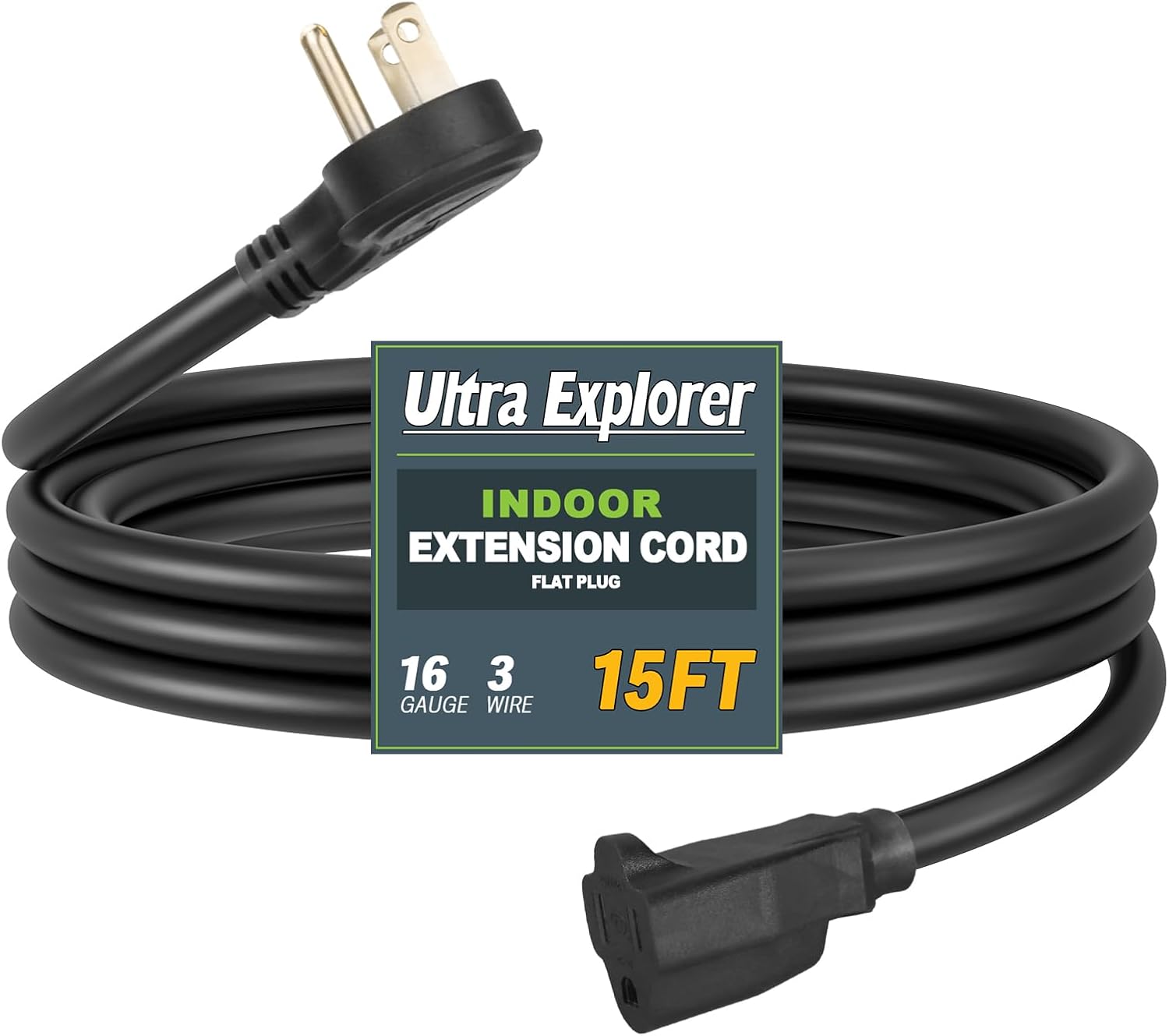 Ultra Explore 15 FT Flat Plug Extension Cord, 16 AWG Indoor Appliance Cord, Flat Wall Plug Low Profile Extension Wire, Black, 13A 125VAC 1625W, UL Certified