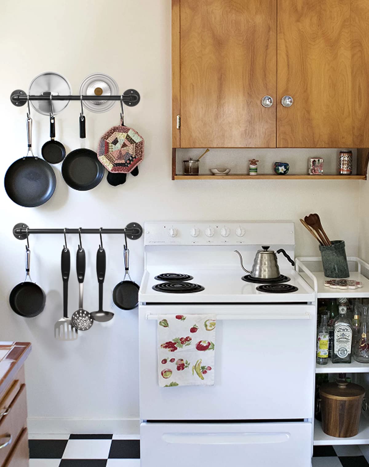 Estante industrial para ollas de 21 pulgadas (paquete de 2), colgadores de pared para ollas, colgador de tapa de riel colgante para cocina con 10 ganchos en S 4
