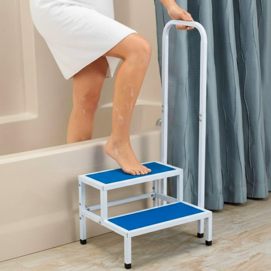 Freshnewlooks White Bath Step Double Step Stool With Handle, Bed Steps For Elderly, Bath Steps For Getting Into And Out Of Bath, Metal Bath Steps For Elderly, Non Slip Feet, 330 Lb Capacity