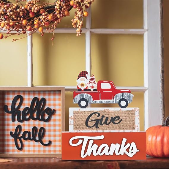 NEEDOMO Fall Decorations for Home, 3-Layered Wooden Truck Sign with Give Thanks Gnome Fall Decor, Thanksgiving Decorations for Living Room, Table, Tiered Tray, Mantel