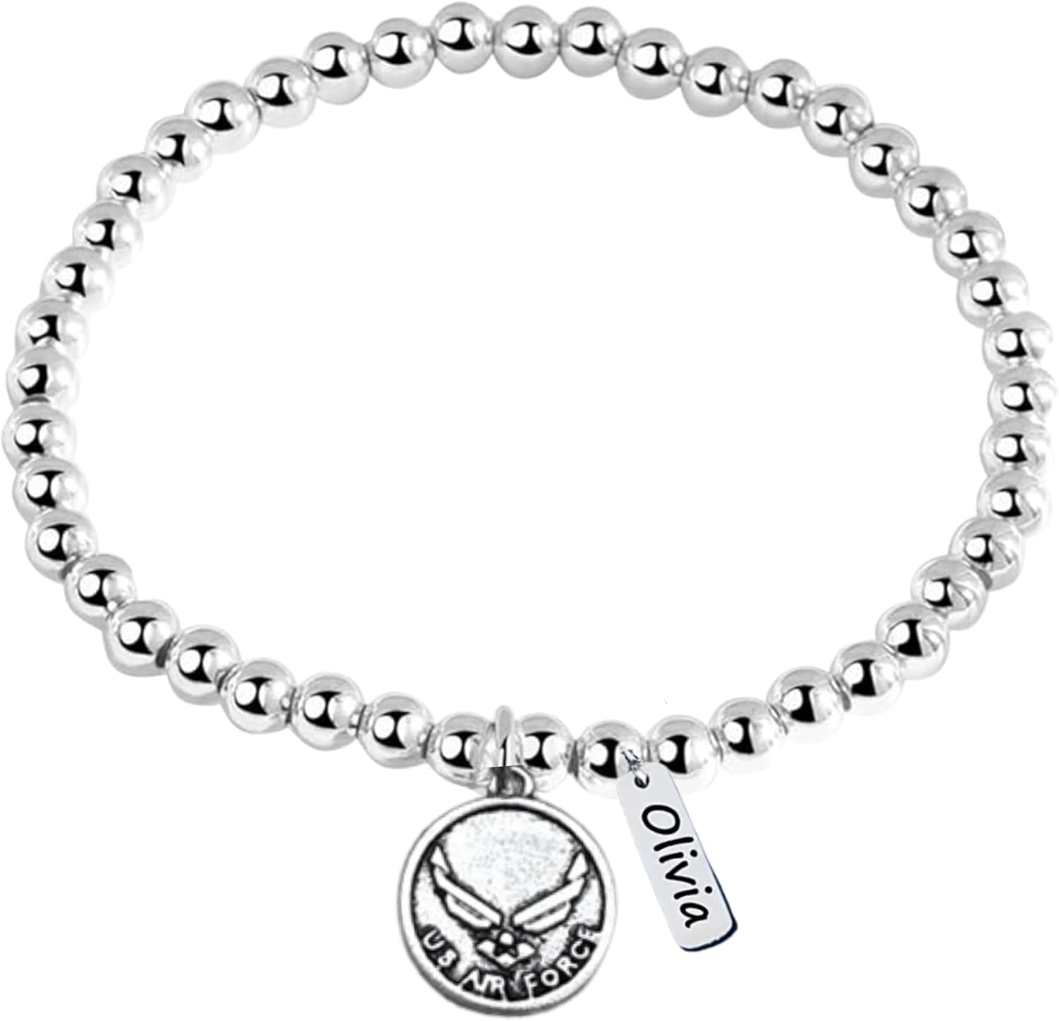 Personalized US Air Force Beaded Adjustable Bracelet with Engraved Tag Charm, Military Gift, US Air Force Jewelry, Custom US Air Force Accessories for Girls