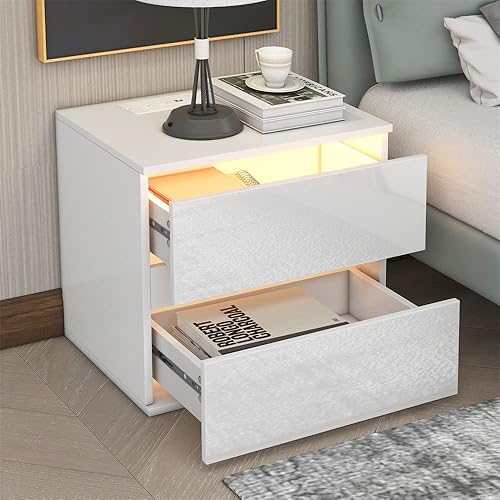 Moderna mesita de noche LED mesita de noche con 2 cajones puertos de carga USB carga inalámbrica y luz LED de control remoto mesa auxiliar mesa