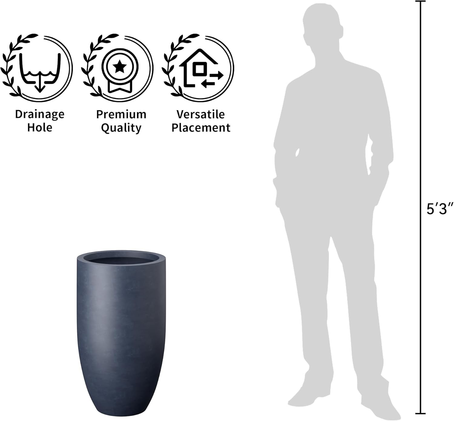 Kante 24 Inch Tall Round Concrete Planter, Large Plant Pots with Drainage Hole for Indoor Outdoor Plants, Modern Decor for Garden, Home, Patio, Porch, Charcoal