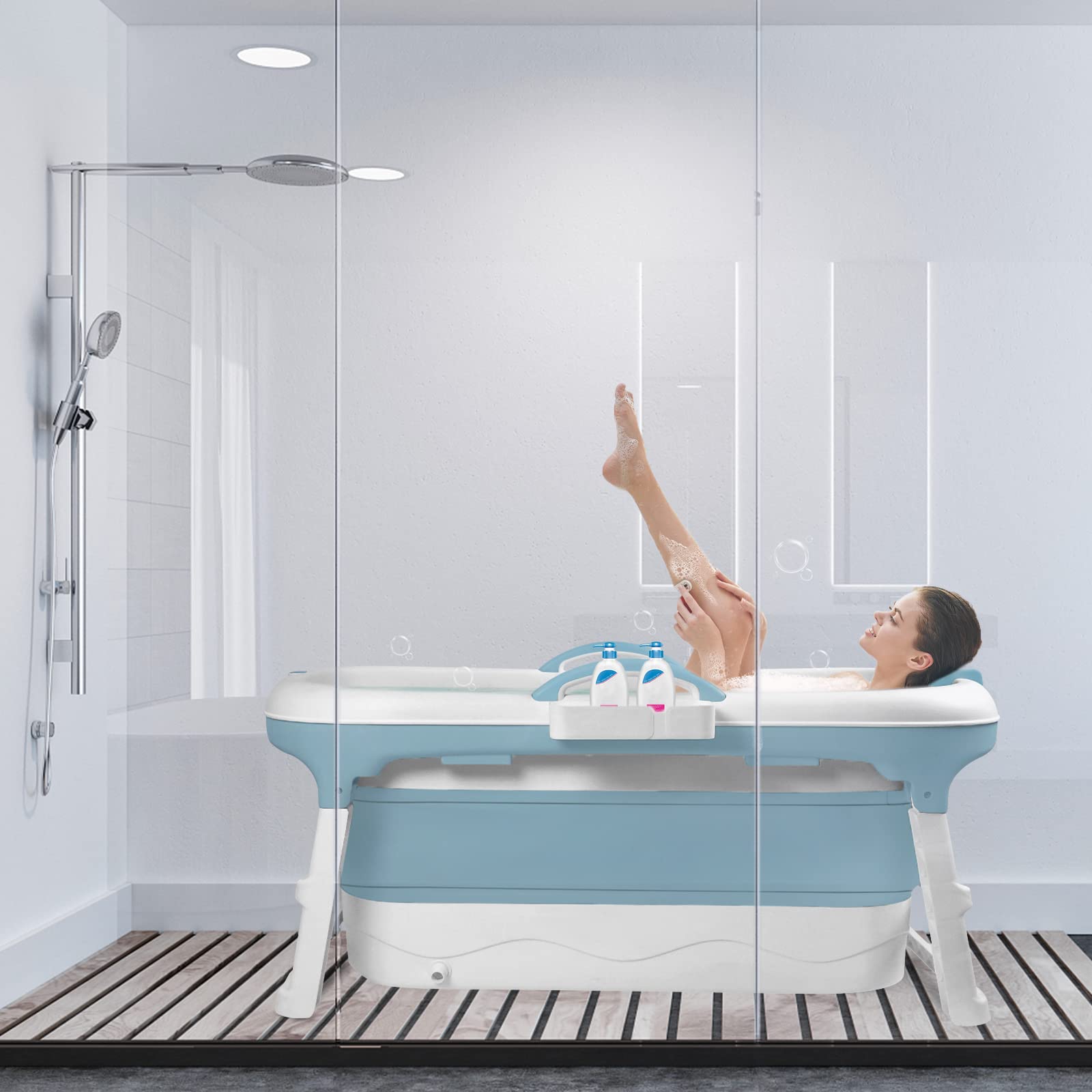 LARS360 Vasca da bagno pieghevole per adulti - Vasca da viaggio pieghevole con coperchio rimovibile - Porta sapone, rulli massaggianti, vasca mobile per piccola stanza da bagno (118 x 62 x 53 cm)