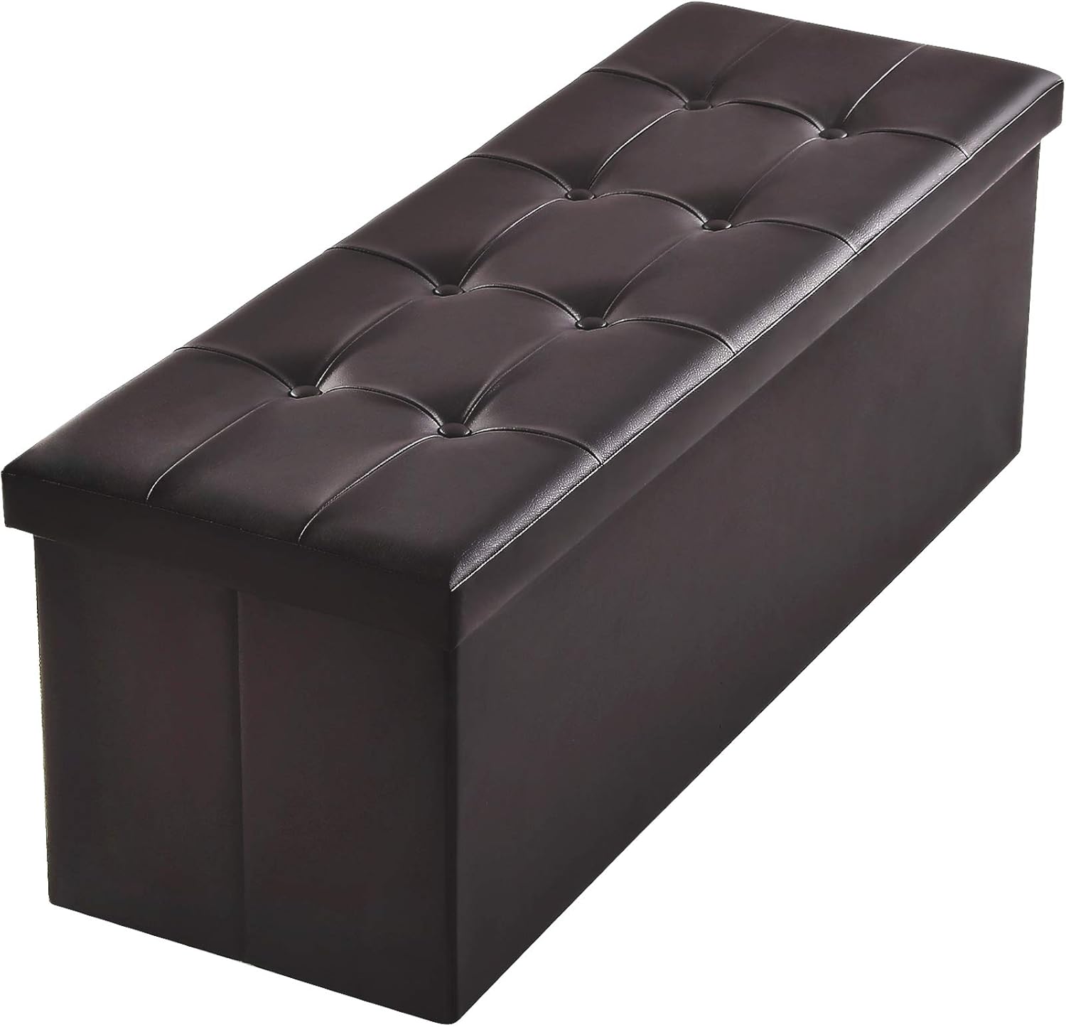 Camabel Folding Ottoman Storage Bench Cube 43 inch Hold up 700lbs Faux Leather Long Chest with Memory Foam Seat Footrest Padded Upholstered Stool for Bedroom Bed Coffee Table Rectangular Brown BG406