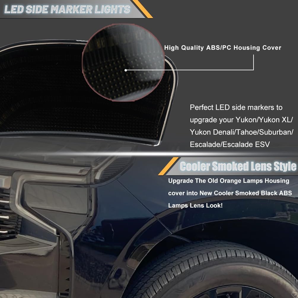 NJSBYL White LED Side Marker Lights Replacement for 2021 2022 2023 2024 Chevy Tahoe Suburban GMC Yukon XL Denali Escalade ESV Smoked Lens Driver Passenger Front Markers Parking Position Lamps 84776452