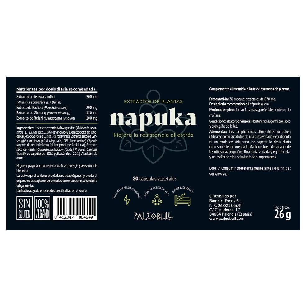 Napuka Paleobull 30 cápsulas vegetales, con ashwagandha, rodiola, ginseng y reishi, fórmula adaptógena sin gluten ni lactosa, apoyo diario para energía, vitalidad y bienestar.