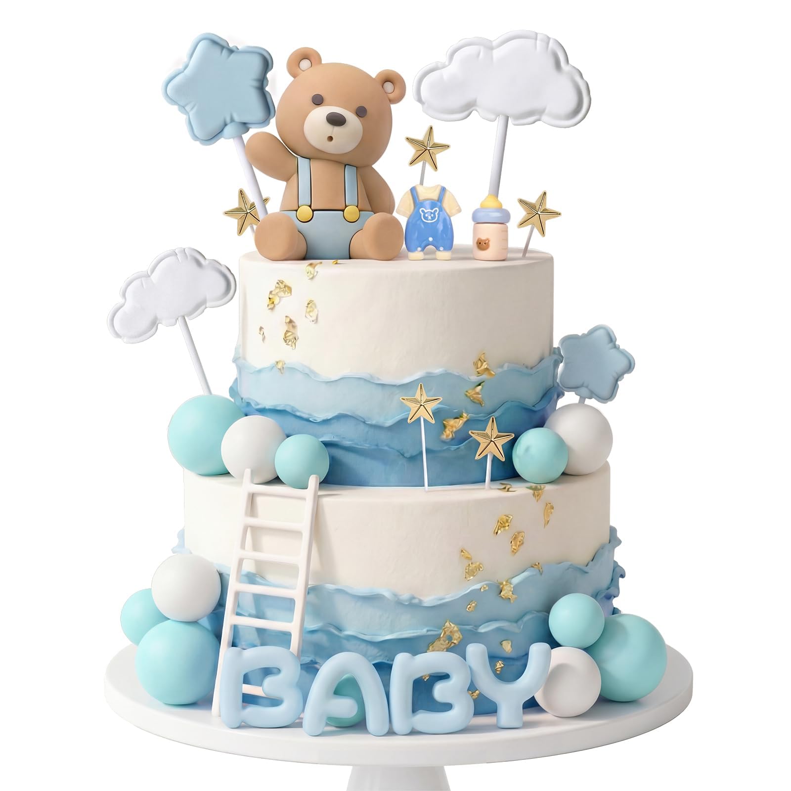Baby Shower Cake Decorations, Bear Cake Topper Set with Blue Bear, Cloud and Star Designs, Baby Boy Cake Decorations for Birthday Party, 1st Birthday Cake Topper, Welcome Baby Shower Supplies
