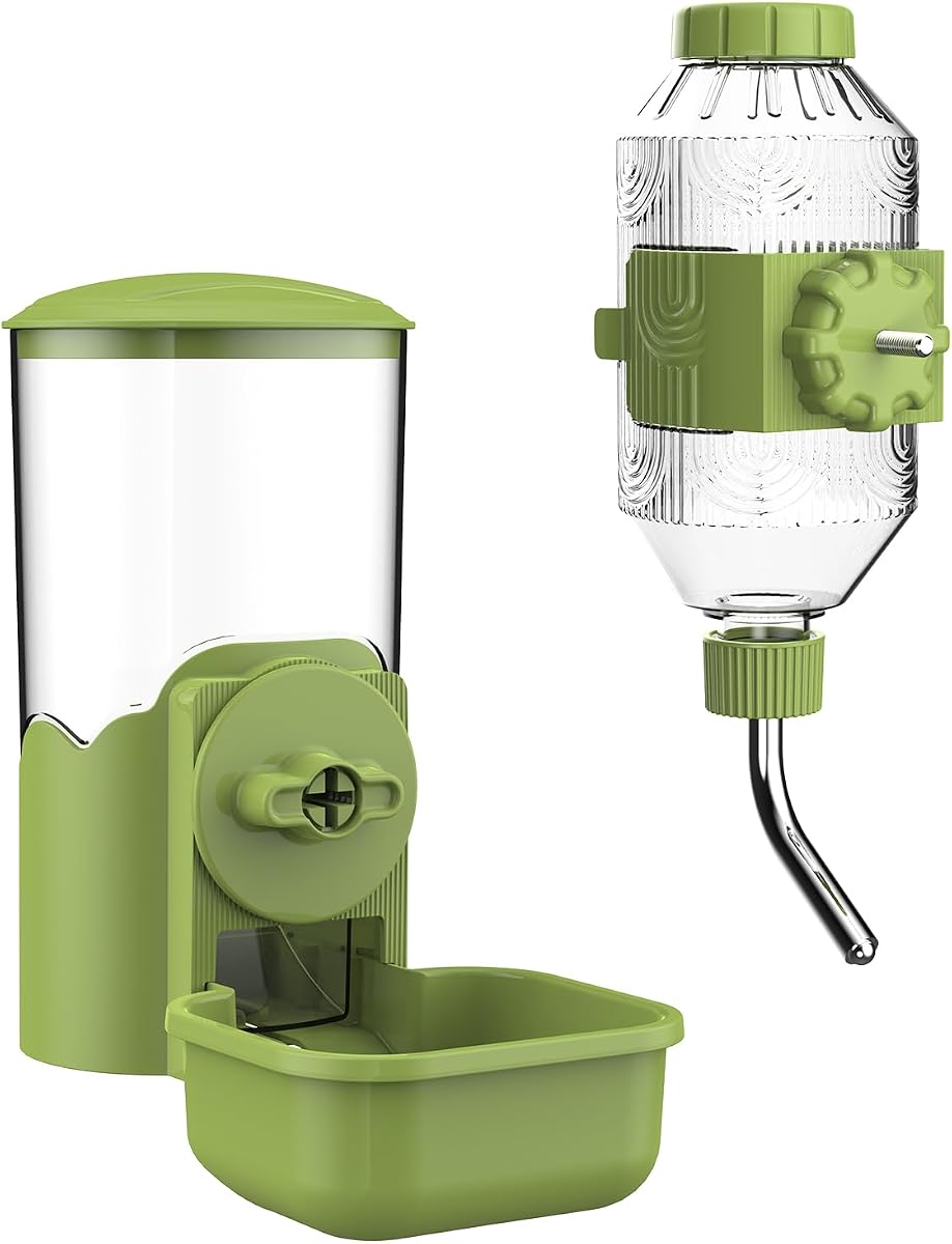 Automatic Pet Food Water Dispenser, Auto Gravity Pet Feeder Water Bottle Set for Cage, Feeding Station for Puppy Kitten Rabbit Guinea Pigs Chinchilla Ferret Hedgehog (Green)