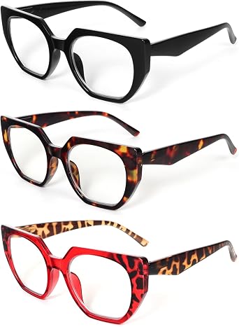 3 Pack Trendy Square Ladies Reading Glasses, Fashion Blue Light Blocking Stylish Computer Readers for Women